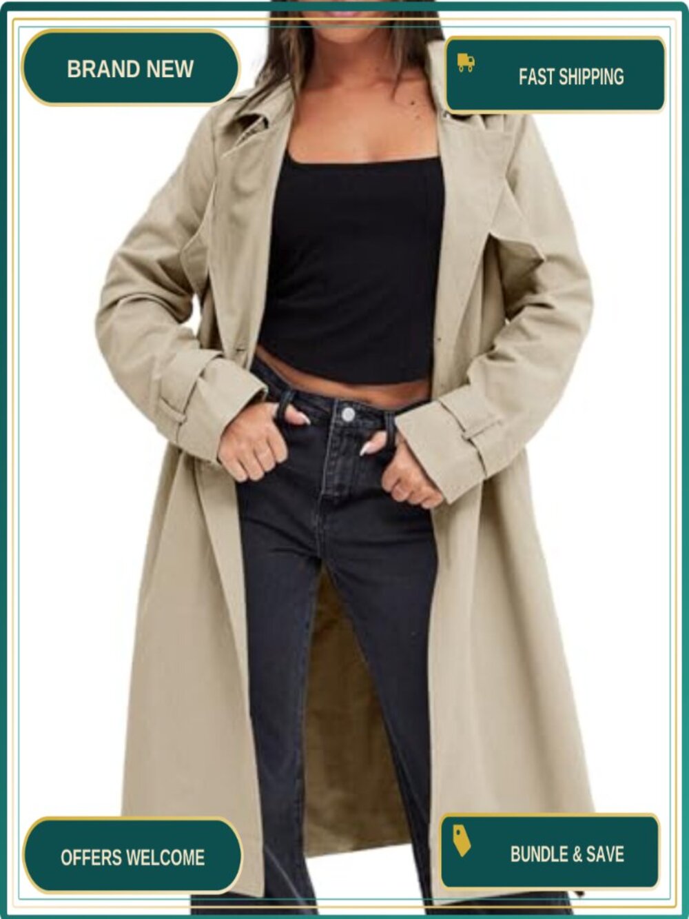 Fisoew Womens Double Breasted Trench Coat Long Lapel Overcoat With Belt